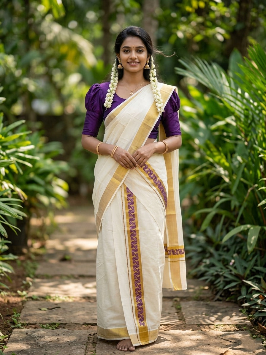 Kerala Pure Cotton Single Set Mundu (Mundum Neriyathum) with Violet Block Prints on Kasavu Border-2.80Mtrs