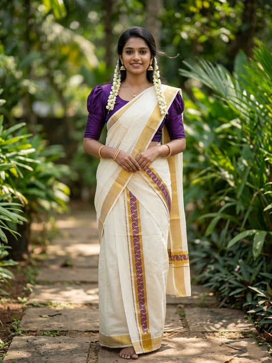 Kerala Pure Cotton Single Set Mundu (Mundum Neriyathum) with Violet Block Prints on Kasavu Border-2.80Mtrs