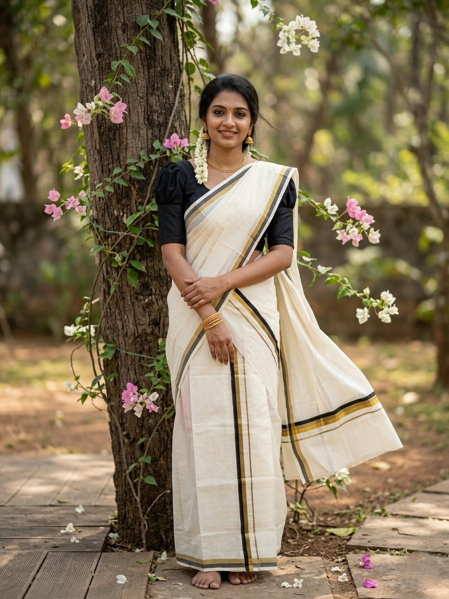 Pure Cotton Kerala Single Set Mundu (Mundum Neriyathum) with Black Kasavu Border
