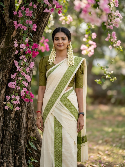 Kerala Cotton Single Set Mundu (Mundum Neriyathum) with Green Block printed Border 2.80 mtr