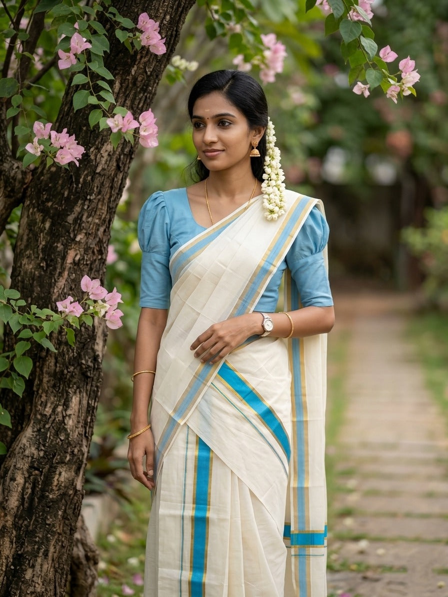 Kerala Cotton Set Mundu (Mundum Neriyathum) with Kasavu and Blue Border in 2.80 Mtrs