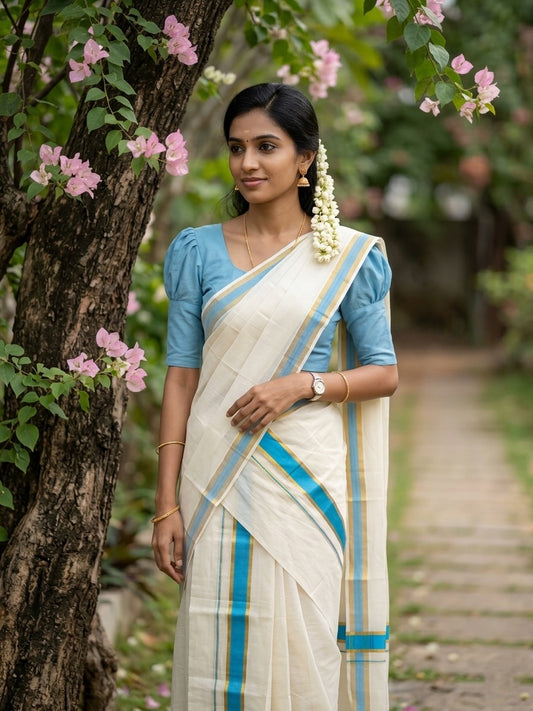 Kerala Cotton Set Mundu (Mundum Neriyathum) with Kasavu and Blue Border in 2.80 Mtrs