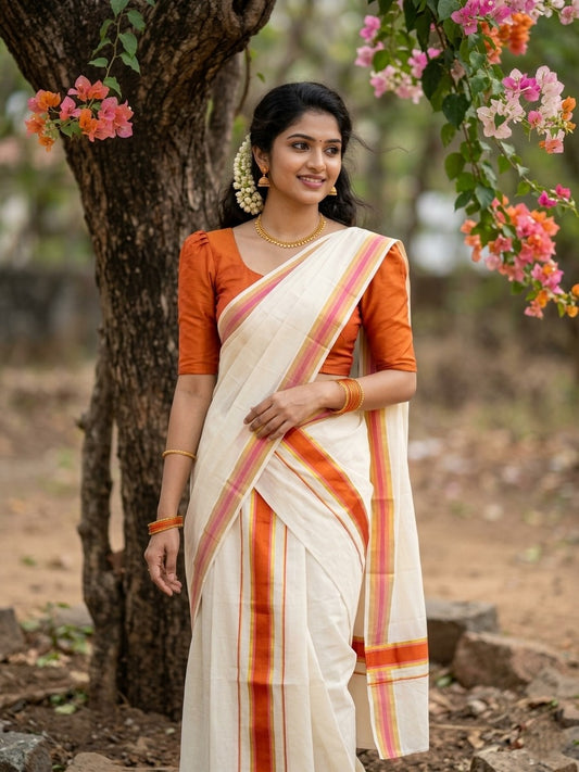 Kerala Cotton Set Mundu (Mundum Neriyathum) with Kasavu and Orange Border in 2.80 Mtrs