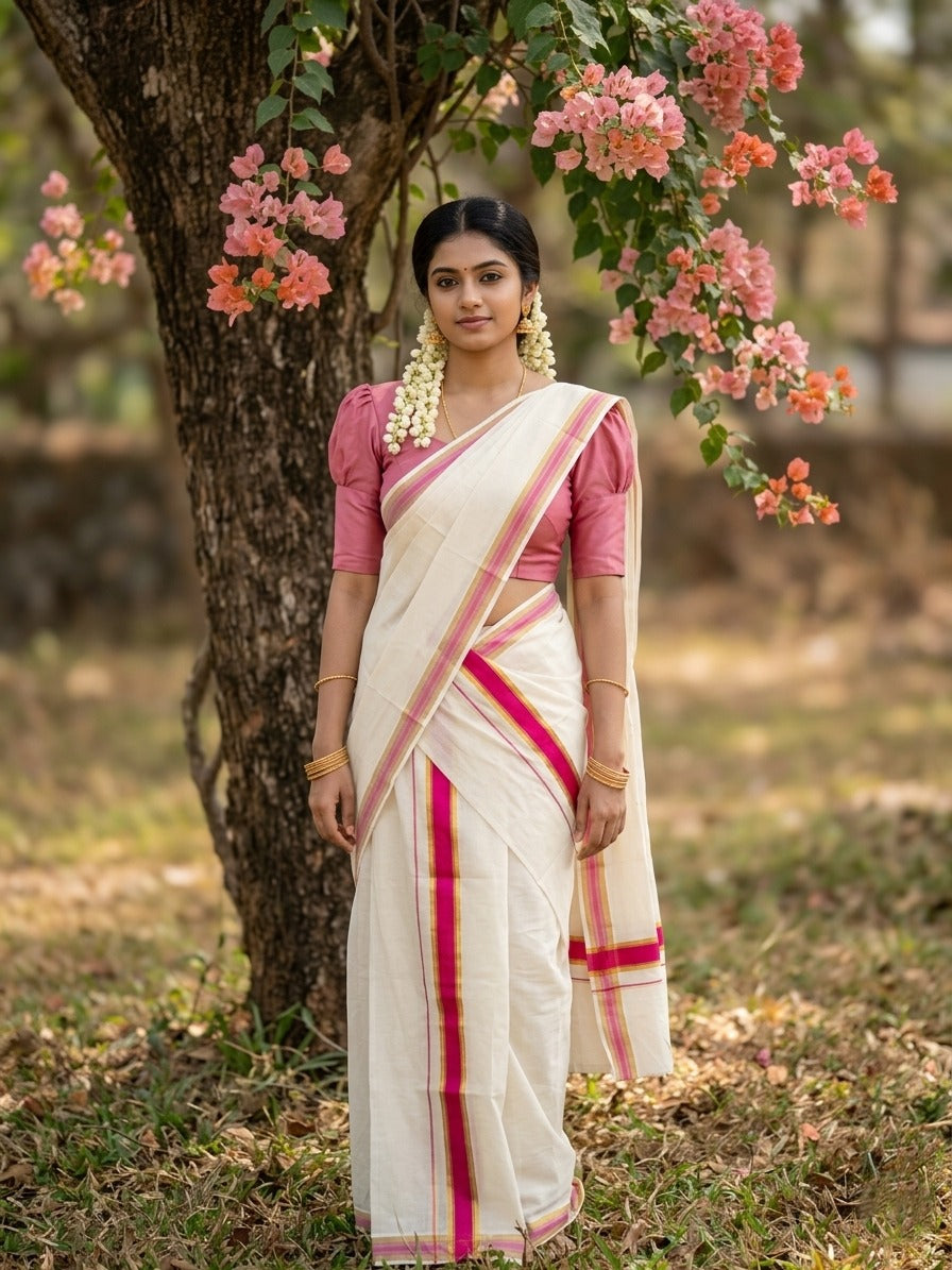 Kerala Cotton Set Mundu (Mundum Neriyathum) with Kasavu and Pink Border in 2.80 Mtrs