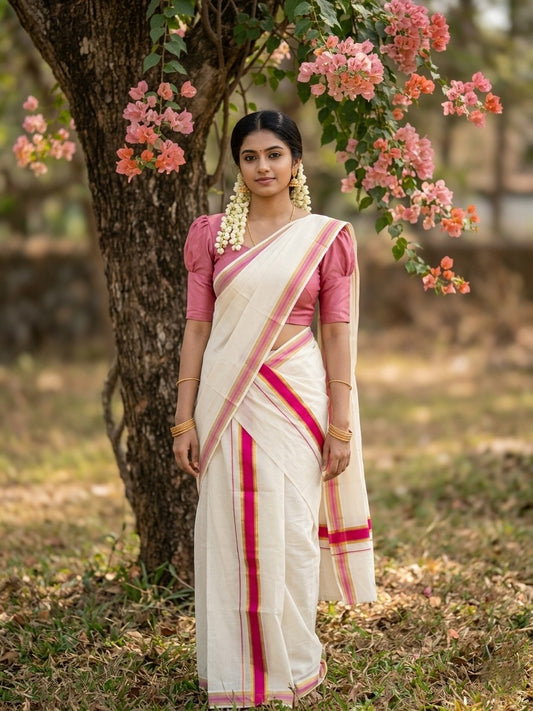 Kerala Cotton Set Mundu (Mundum Neriyathum) with Kasavu and Pink Border in 2.80 Mtrs