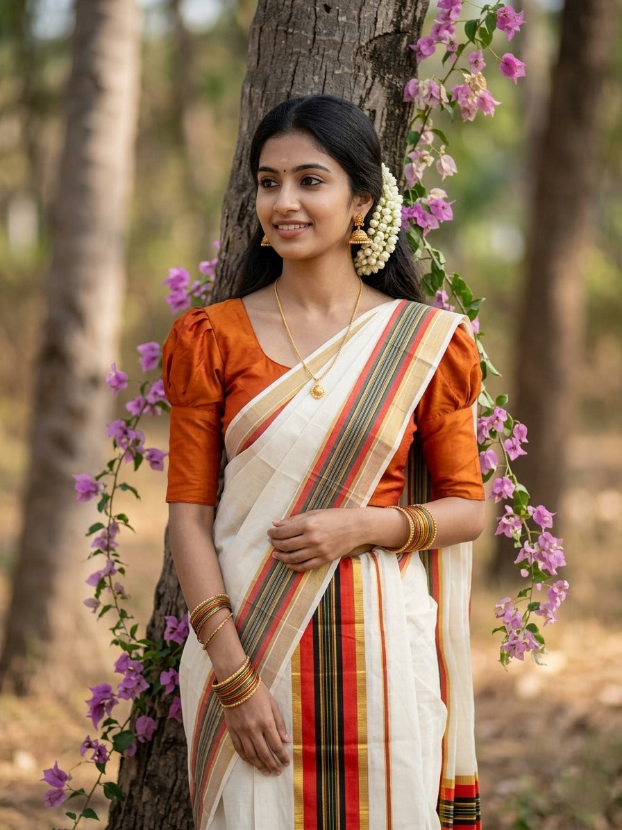 Kerala Cotton Kasavu Set Mundu (Mundum Neriyathum) with Orange and Black Border in 2.80 Mtrs SLKK