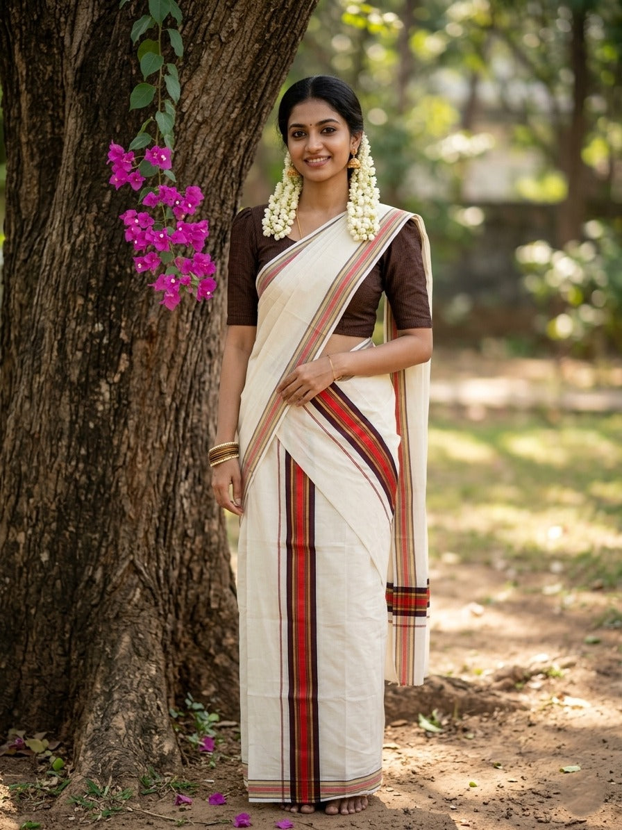 Southloom Kerala Cotton Kasavu Set Mundu (Mundum Neriyathum) with  Brown and Orange Border in 2.80 Mtrs