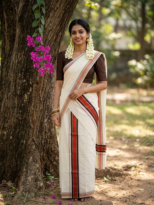 Southloom Kerala Cotton Kasavu Set Mundu (Mundum Neriyathum) with  Brown and Orange Border in 2.80 Mtrs