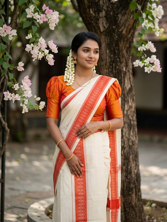 Kerala Cotton Single Set Mundu (Mundum Neriyathum) with Orange Block print Border 2.80Mtrs