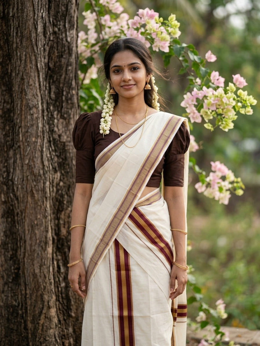 Kerala Cotton Single Set Mundu (Mundum Neriyathum) with Brown Kasavu Border in 2.80 Mtrs
