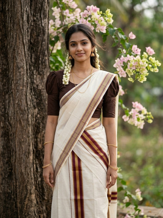 Kerala Cotton Single Set Mundu (Mundum Neriyathum) with Brown Kasavu Border in 2.80 Mtrs