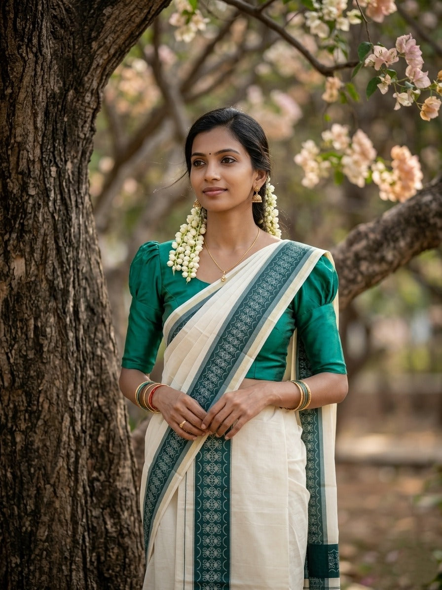 Kerala Cotton Single Set Mundu (Mundum Neriyathum) with Green Block print Border 2.80Mtrs