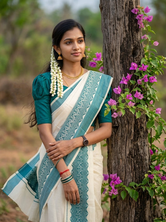 Kerala Cotton Single Set Mundu (Mundum Neriyathum) with Green Block print Border 2.80Mtrs