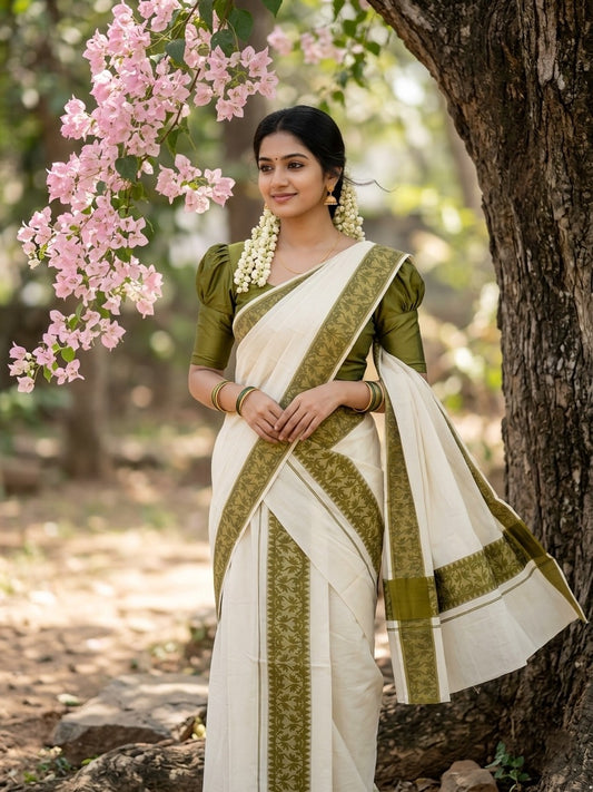 Kerala Cotton Single Set Mundu (Mundum Neriyathum) with Green Temple Block printed Border in 2.80 Mtrs