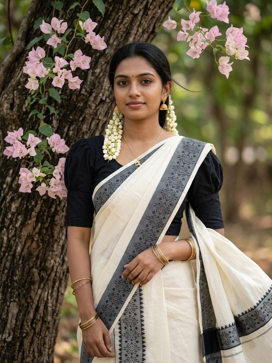 Kerala Cotton Single Set Mundu (Mundum Neriyathum) with Black Temple Block printed Border 2.80 mtr SL329