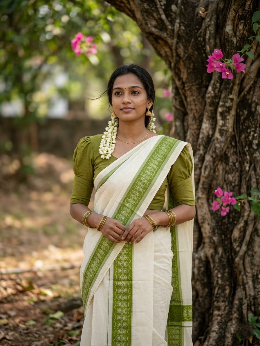 Kerala Cotton Single Set Mundu (Mundum Neriyathum) with Green Block print Border 2.80Mtrs