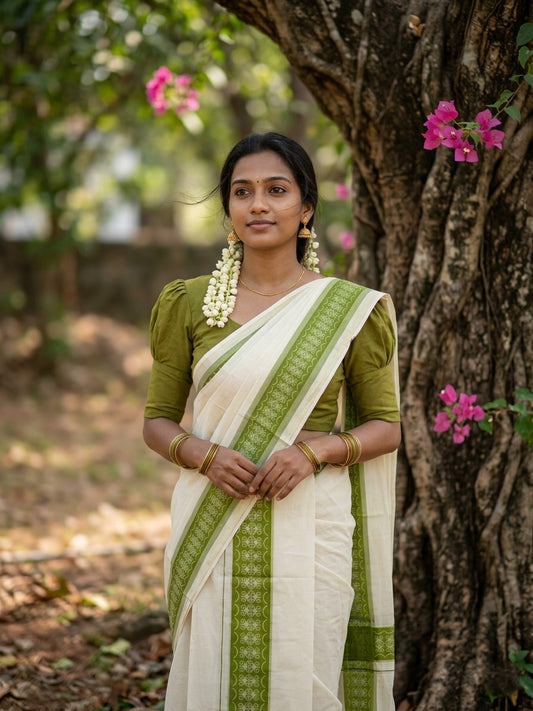 Kerala Cotton Single Set Mundu (Mundum Neriyathum) with Green Block print Border 2.80Mtrs
