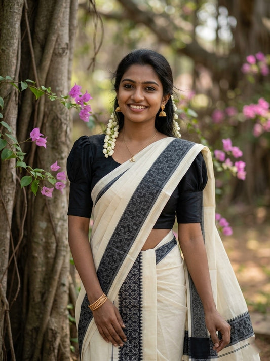 Kerala Cotton Single Set Mundu (Mundum Neriyathum) with Black Block printed Border 2.80 mtr