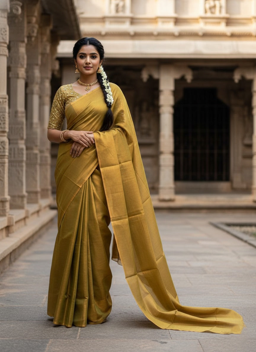 Southloom Semi Silk Olive Green Tissue Saree With Embroidary Blouse Piece SL282