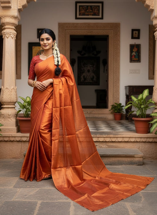 Southloom Semi Silk Orange Tissue Saree With Embroidary Blouse Piece SL282