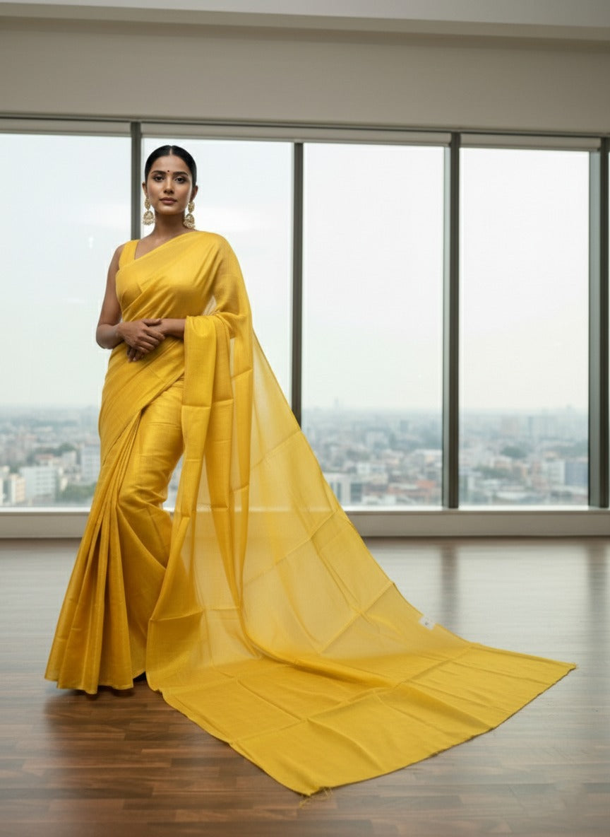 Southloom Semi Silk Yellow Tissue Saree With Embroidary Blouse Piece SL282