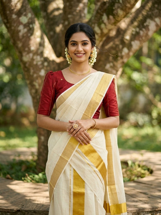 Kerala Cotton Plain Single Set Mundu (Mundum Neriyathum) with Half Fine Dark Kasavu 2 inch Border in 2.80 Mtrs