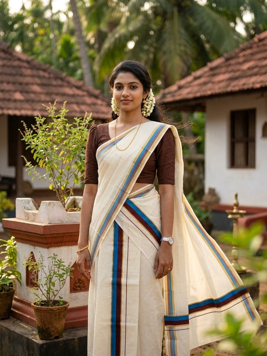 Kerala Cotton Kasavu Set Mundu (Mundum Neriyathum) with Blue and Brown Border 2.80 Mtrs