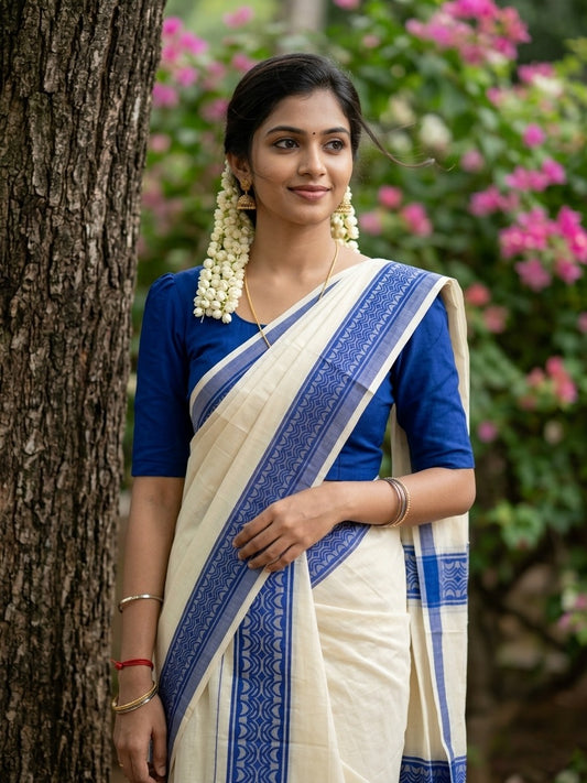 Kerala Cotton Single Set Mundu (Mundum Neriyathum) with Blue Block print Border 2.80Mtrs
