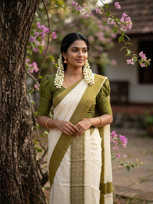 Kerala Cotton Single Set Mundu (Mundum Neriyathum) with Green Temple Block printed Border in 2.80 Mtrs