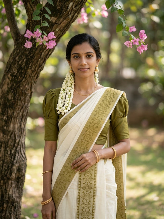 Kerala Cotton Single Set Mundu (Mundum Neriyathum) with Green Temple Block printed Border in 2.80 Mtrs SL329