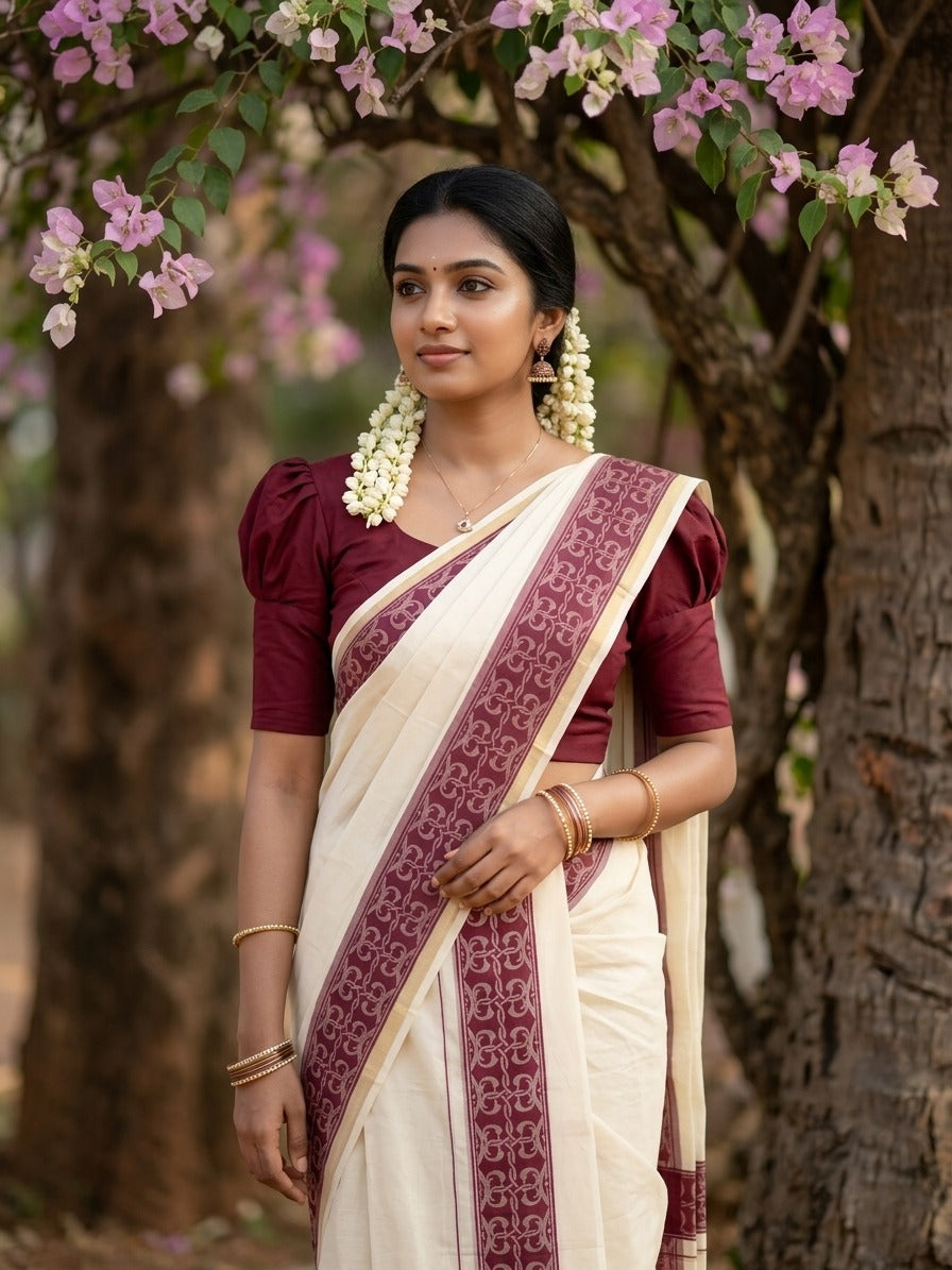 Kerala Cotton Single Set Mundu (Mundum Neriyathum) with Maroon Block print Border 2.80Mtrs