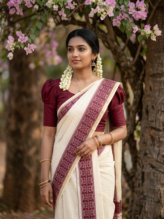 Kerala Cotton Single Set Mundu (Mundum Neriyathum) with Maroon Block print Border 2.80Mtrs