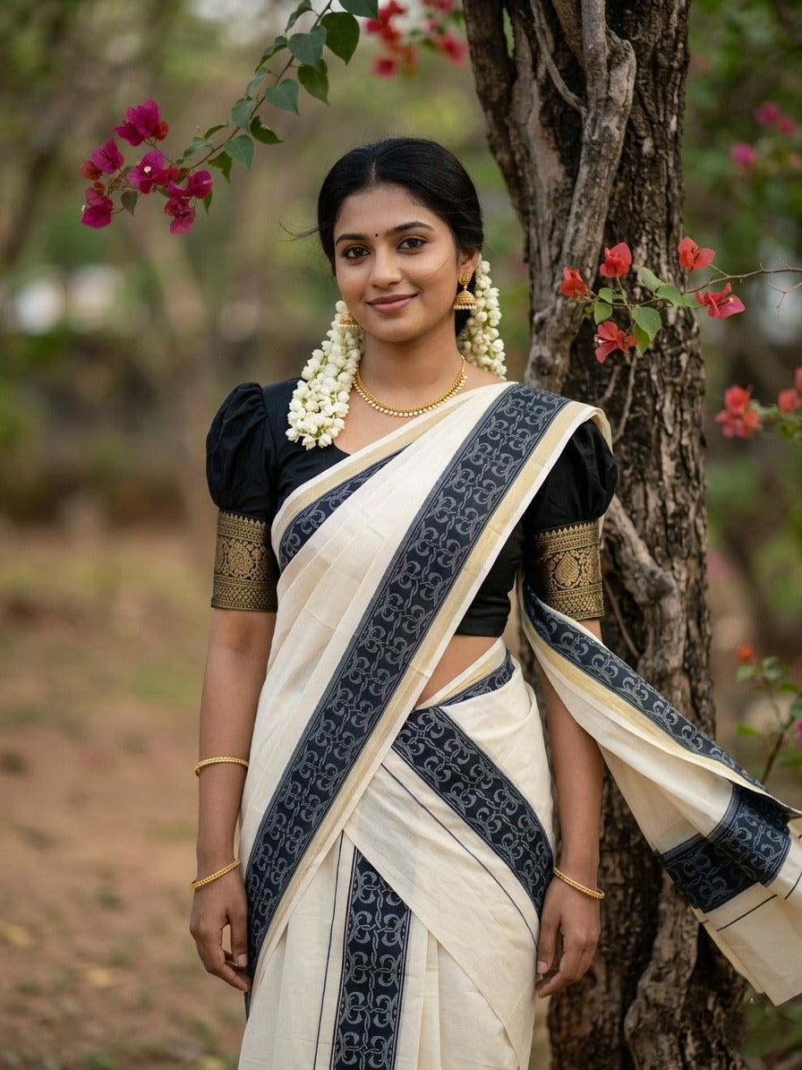 Kerala Cotton Single Set Mundu (Mundum Neriyathum) with Black Block print Border 2.80Mtrs