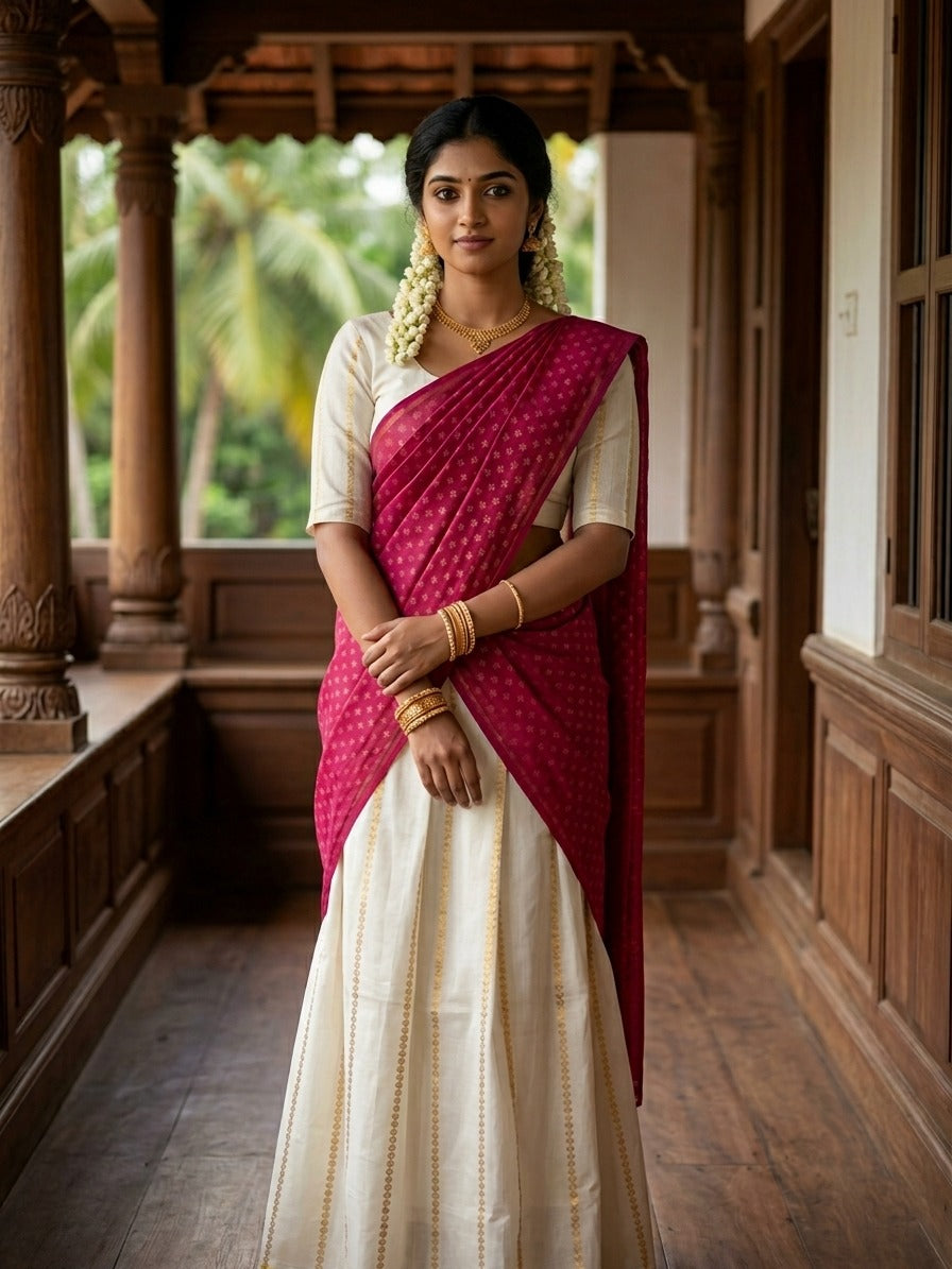 Southloom Stitched Cotton Stripes Dhavani Set with Pavada and Majenta Blouse Piece