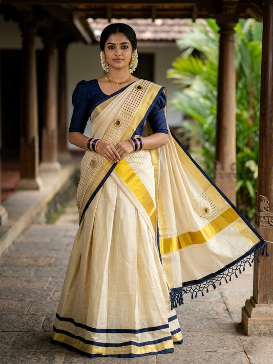 Southloom Semi Stitched Tissue Dhavani Set with Pavada and Blue Blouse Piece