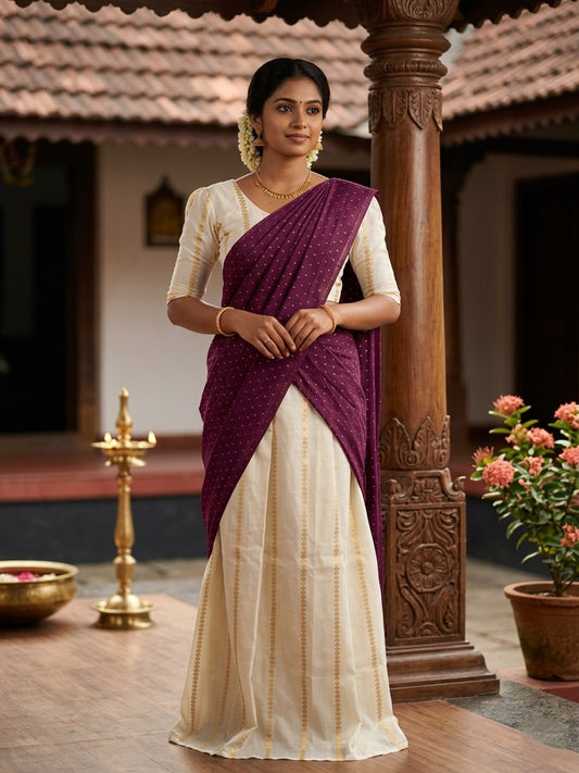 Southloom Stitched Cotton Stripes Dhavani Set with Pavada and Purple Blouse Piece