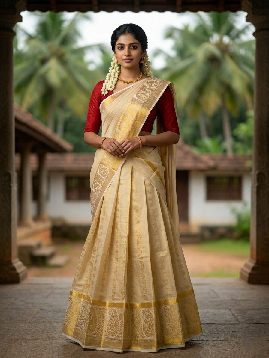 Southloom Stitched Tissue Dhavani Set with Pavada and Maroon Blouse Piece