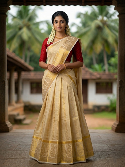 Southloom Stitched Tissue Dhavani Set with Pavada and Maroon Blouse Piece