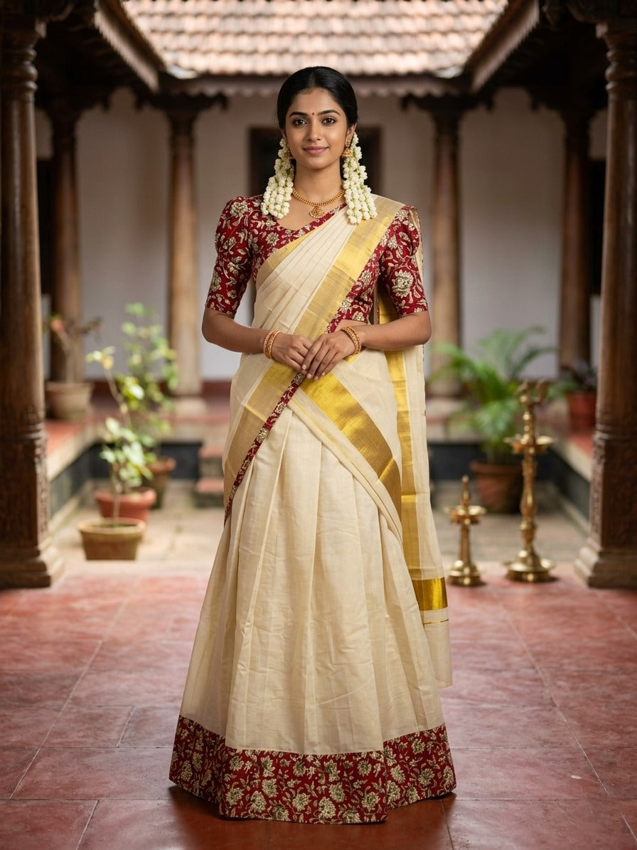 Southloom Semi Stitched Tissue Dhavani Set with Pavada and Ajrakh print on the Blouse Piece And Border