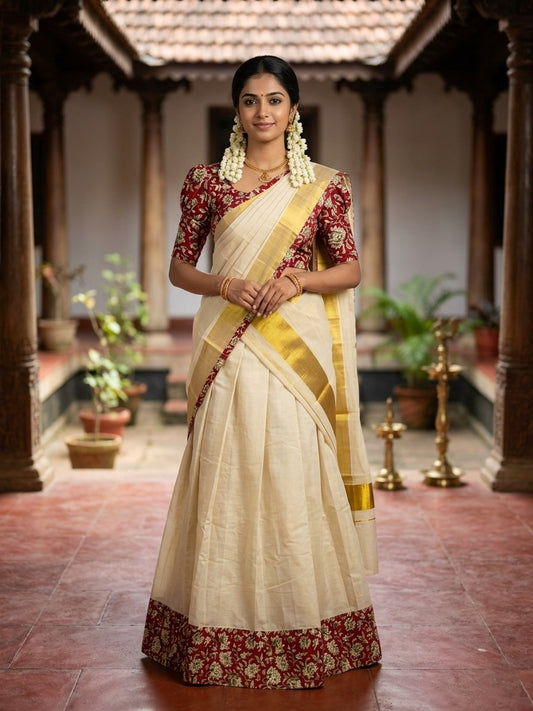 Southloom Semi Stitched Tissue Dhavani Set with Pavada and Ajrakh print on the Blouse Piece And Border