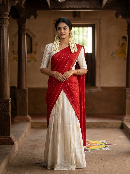 Southloom Stitched Cotton With Stripes Dhavani Set with Pavada and Red Blouse Piece