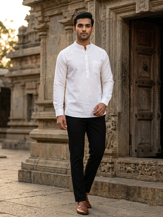 Southloom Pure White Short Cotton Kurta Shirt for Men