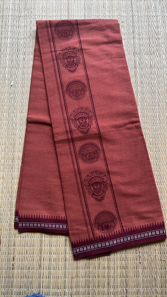 Kaavi (saffron) With  Maroon Printed Single Dhoti /Otta Mundu SL319