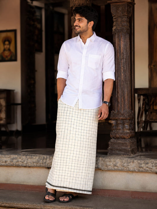 Southloom Off White Single Mundu With Check Design / Otta Mundu / Lungi (South Indian Kerala Dhoti)