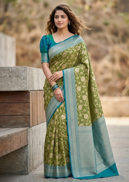 Southloom Pure Banarasi Silk Saree with Woven Work on Body and Borders (Peacock Green and Blue)