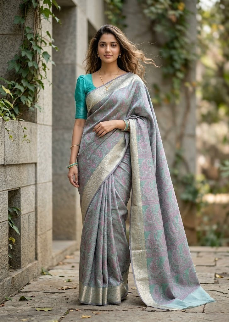 Southloom Resham Work Soft Cotton Banarasi Saree with Woven Work on Body and Borders (Blue)