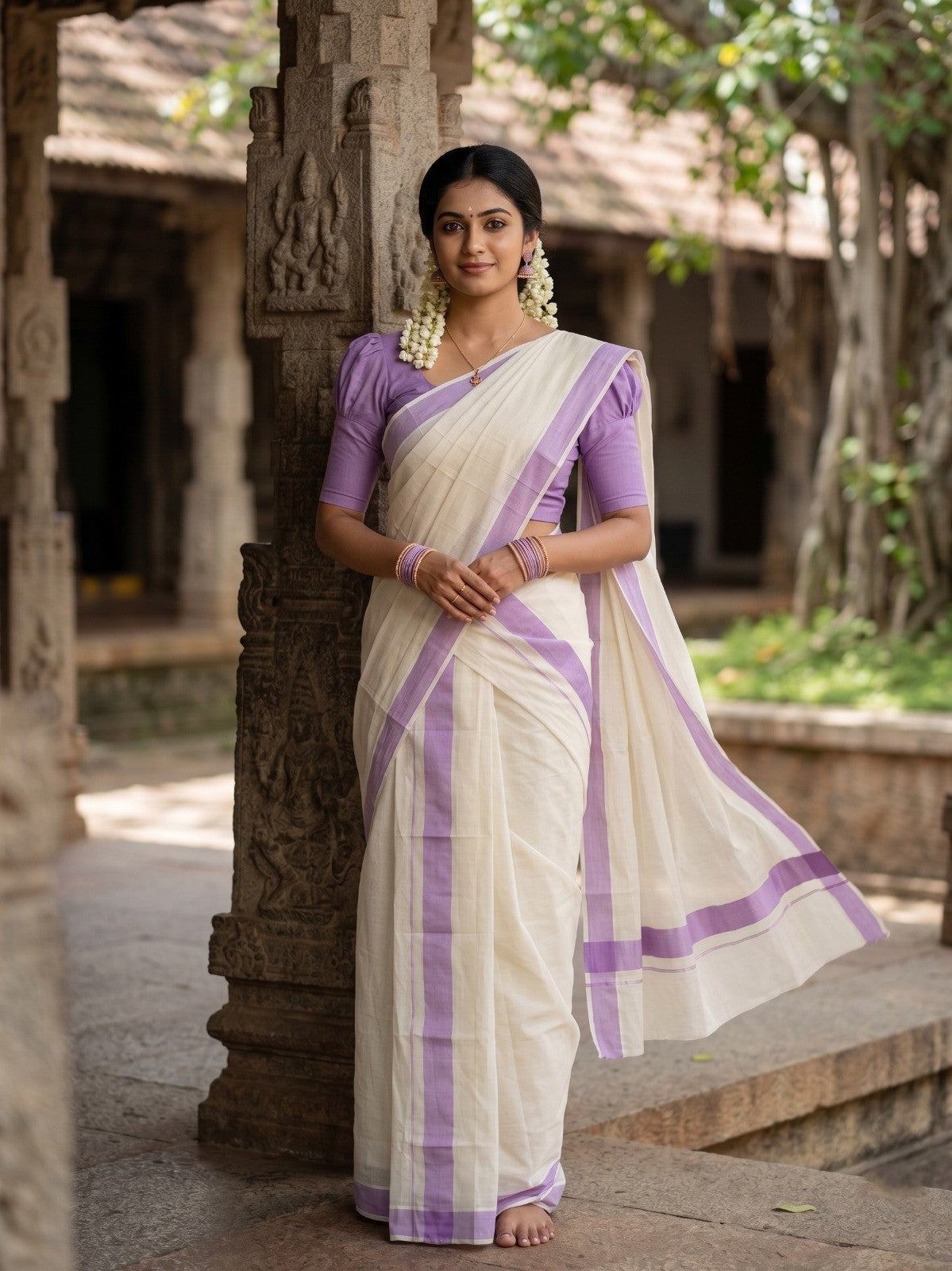 Southloom Kerala Mulloth Cotton Single Mundum Neriyathum with Lavender Border
