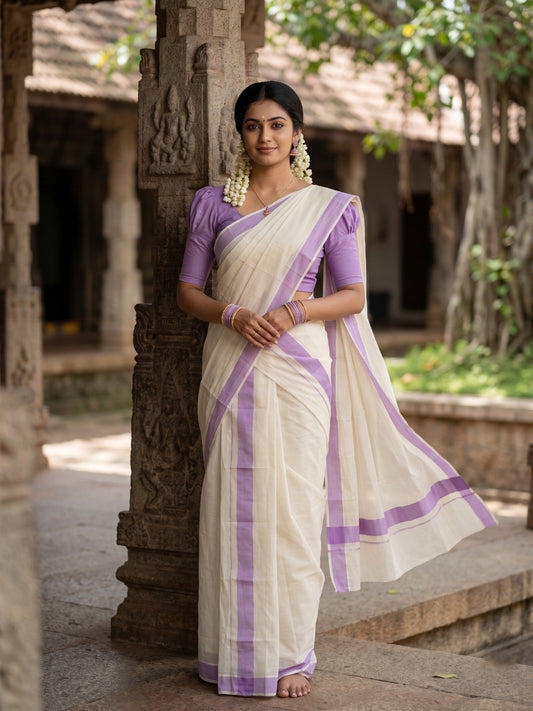 Southloom Kerala Mulloth Cotton Single Mundum Neriyathum with Lavender Border