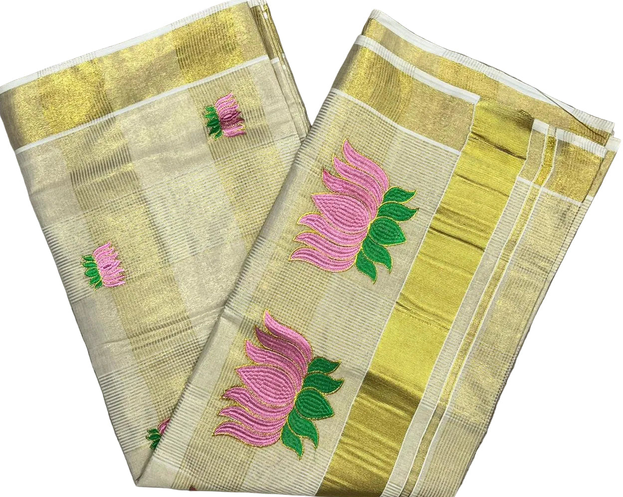 Southloom Lotus Baby Pink and Green Embroidery Check Tissue Saree SL337