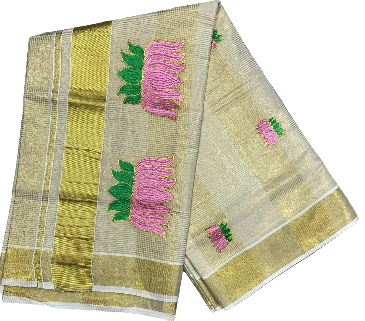 Southloom Lotus Baby Pink and Green Embroidery Check Tissue Saree SL337
